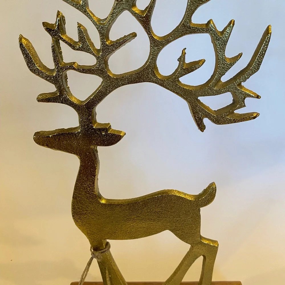 Gold Metal Reindeer Figurine on Wood Base Antique Brass-Tone Stag Statue